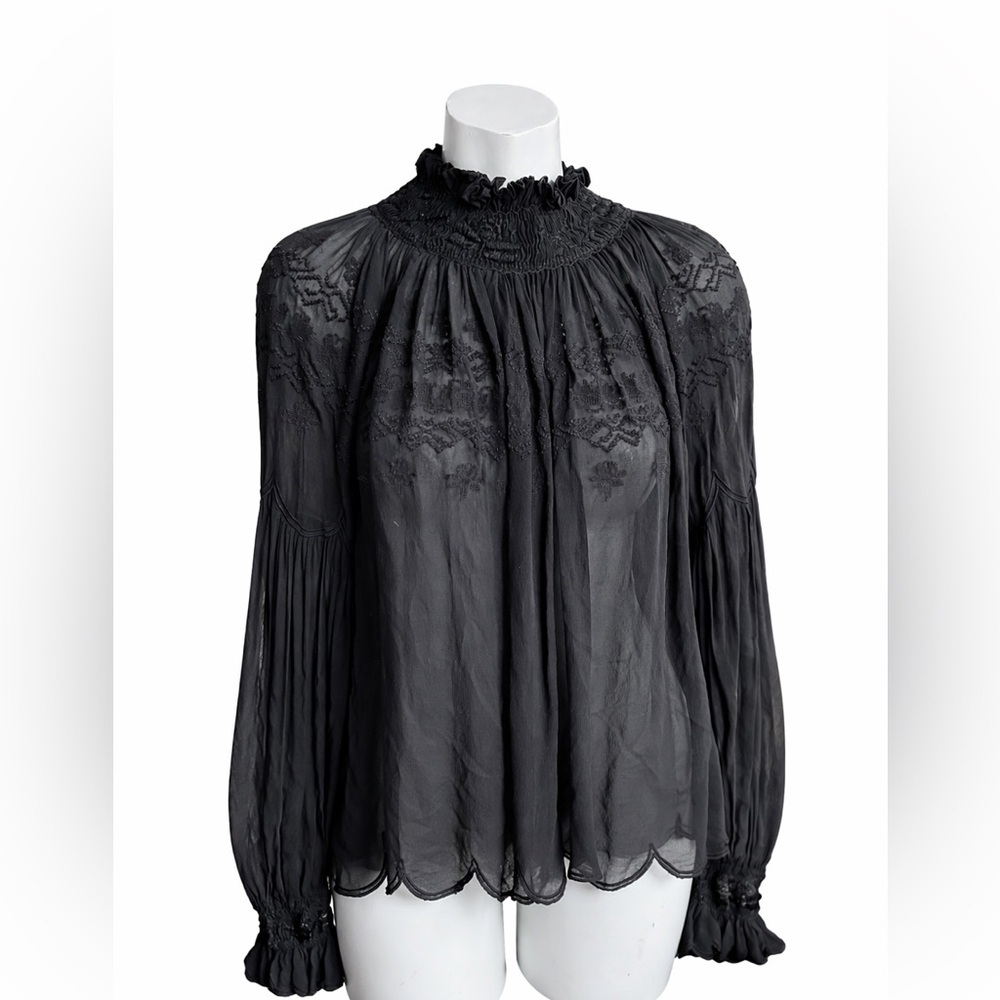 Ulla Johnson Severine Embroidered Sheer Blouse – Black – Size 6